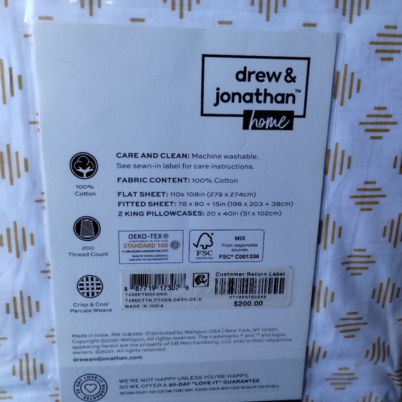 DREW & JONATHAN HOME Dash Print 100% Cotton 200 Thread Count 4 Piece Sheet Set - Picture 5 of 5